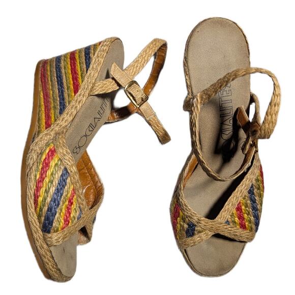 Vtg 1970s Socialites Rainbow Jute Buckling Ankle Strap Espadrille Sandals Sz 6 - Picture 1 of 5